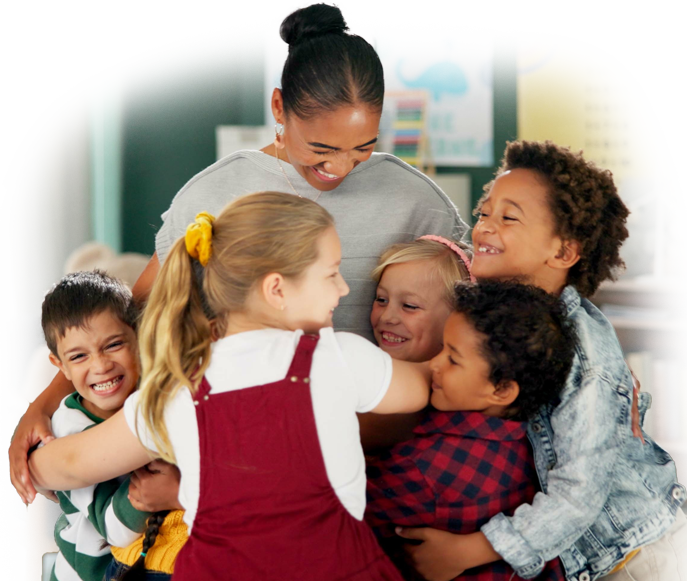 A caring educator hugging happy children at an early learning centre in Perth, fostering a nurturing environment at top childcare centres in Perth.