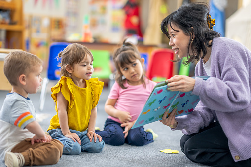 Childcare educator reading a book to young children in a classroom.